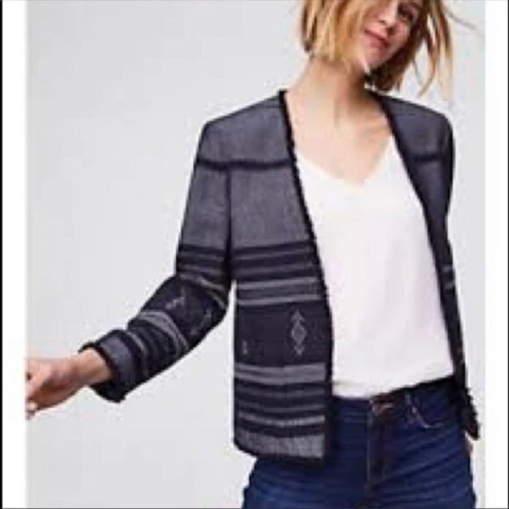 Loft Open Front Aztec Print Blazer Jacket Medium Blue Lined Cotton Fringe